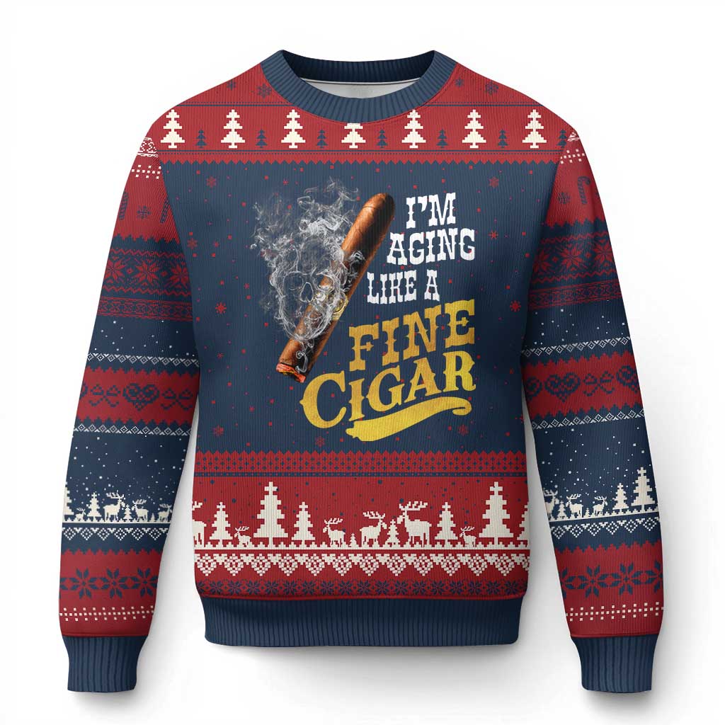 Cigar Lovers Ugly Christmas Sweater I Am Aging Like A Fine Cigar TS12 Navy Red Print Your Wear