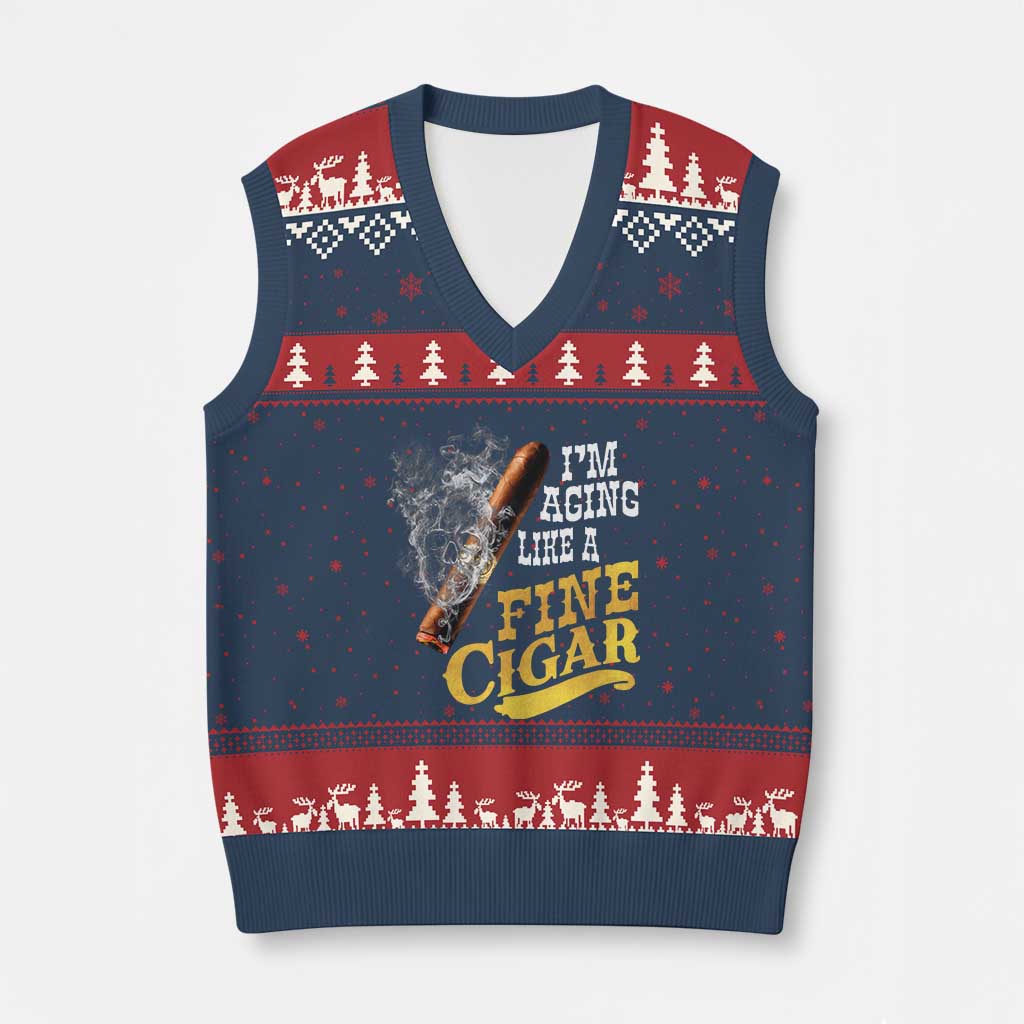 Cigar Lovers V-Neck Knit Sweater Vest I Am Aging Like A Fine Cigar TS12 Navy Red Print Your Wear