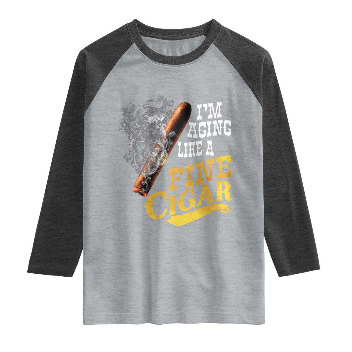 Cigar Lovers Raglan Shirt I Am Aging Like A Fine Cigar TS12 Heather Gray Heather Charcoal Print Your Wear