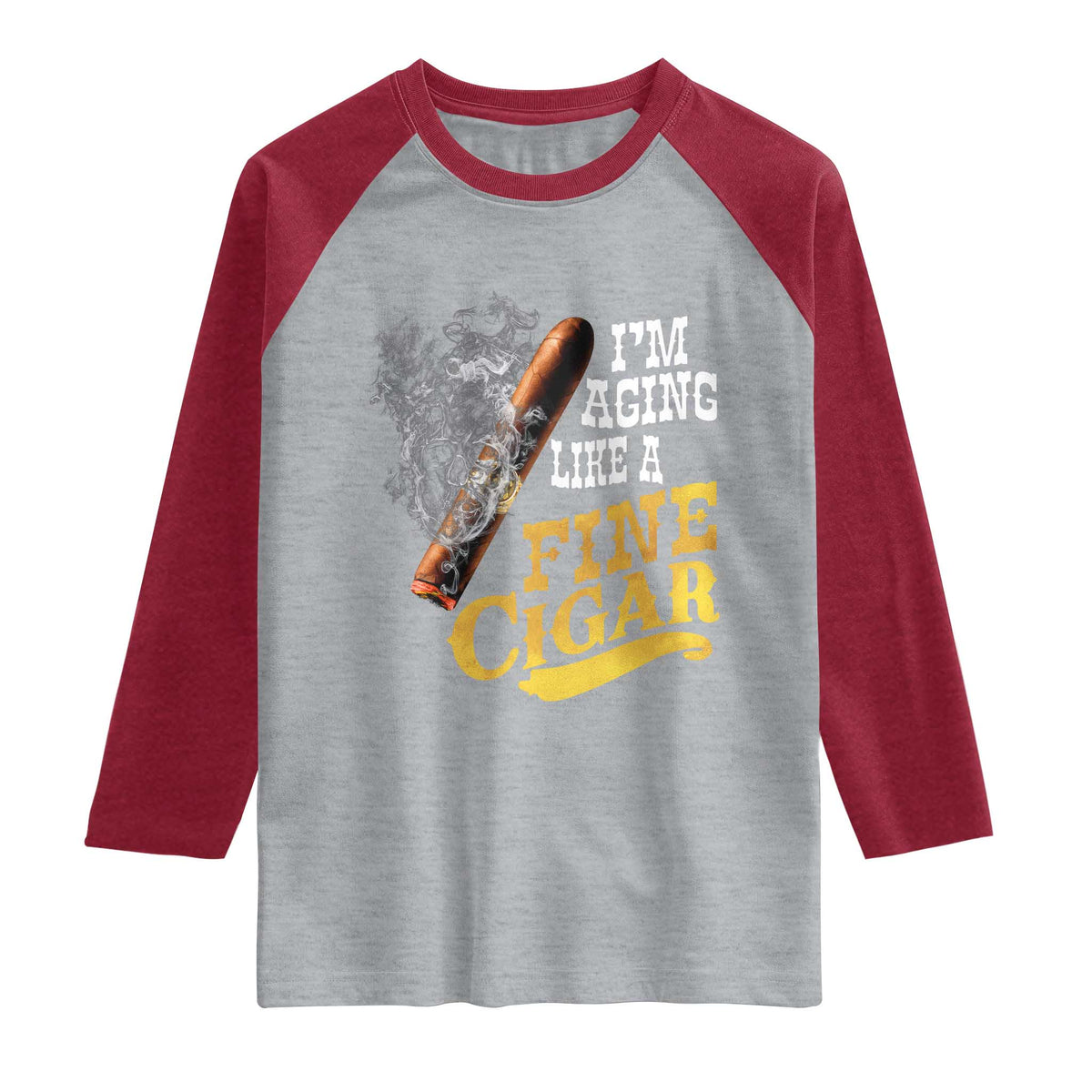 Cigar Lovers Raglan Shirt I Am Aging Like A Fine Cigar TS12 Heather Gray Heather Red Print Your Wear