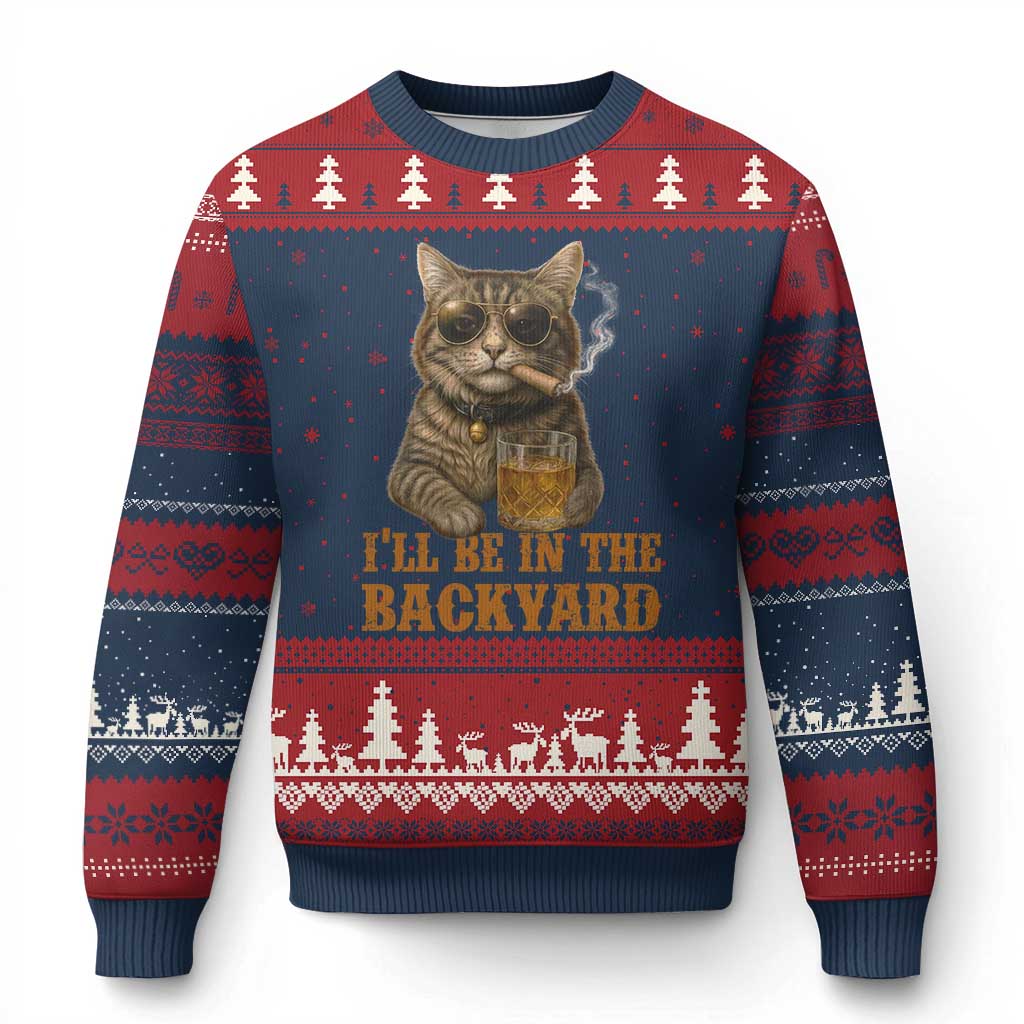 Funny Cat Bourbon Lover Ugly Christmas Sweater I Will Be In The Backyard Cigar Meme TS12 Navy Red Print Your Wear