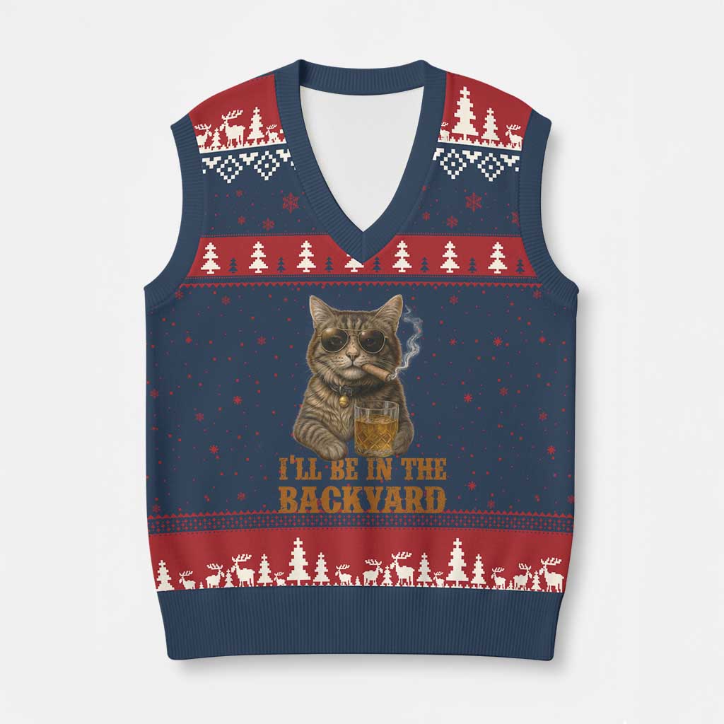 Funny Cat Bourbon Lover V-Neck Knit Sweater Vest I Will Be In The Backyard Cigar Meme TS12 Navy Red Print Your Wear