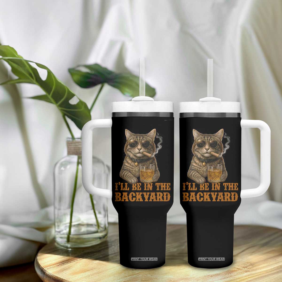 Funny Cat Bourbon Lover Tumbler With Handle I Will Be In The Backyard Cigar Meme TS12 Print Your Wear
