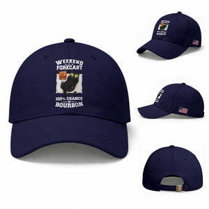 Funny Cat Drinking Baseball Cap Weekend Forecast 100% Chance Of Bourbon TS12 Baseball Cap Universal Fit Dark Blue Print Your Wear