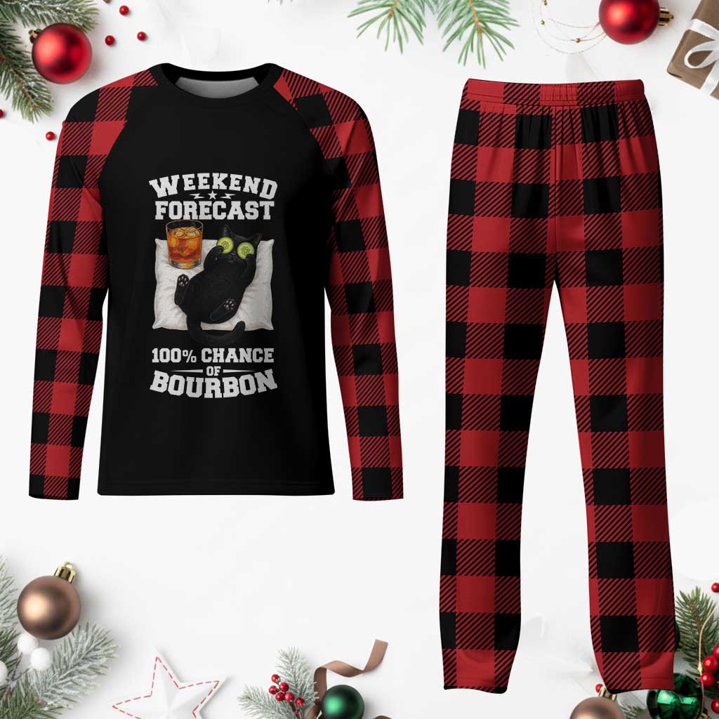 Funny Cat Drinking Plaid Pajama Set Weekend Forecast 100% Chance Of Bourbon TS12 Buffalo Plaid Print Your Wear