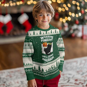 Funny Cat Drinking Ugly Christmas Sweater Weekend Forecast 100% Chance Of Bourbon TS12 Forest Green Beige Print Your Wear