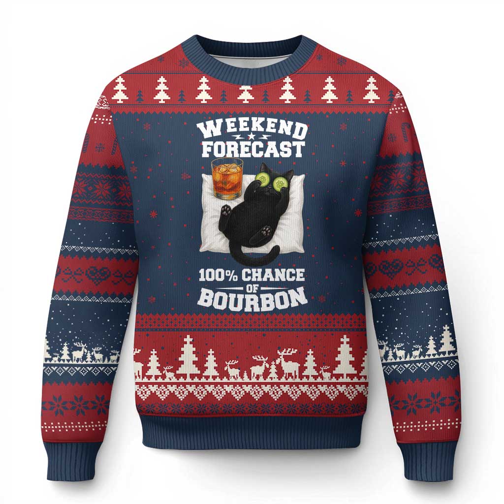 Funny Cat Drinking Ugly Christmas Sweater Weekend Forecast 100% Chance Of Bourbon TS12 Navy Red Print Your Wear