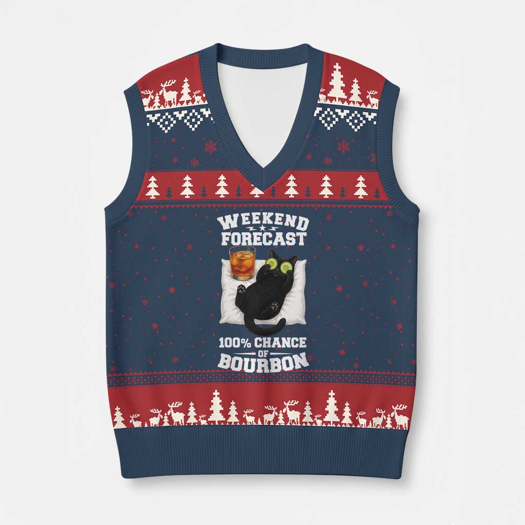 Funny Cat Drinking V-Neck Knit Sweater Vest Weekend Forecast 100% Chance Of Bourbon TS12 Navy Red Print Your Wear