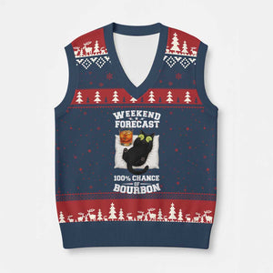 Funny Cat Drinking V-Neck Knit Sweater Vest Weekend Forecast 100% Chance Of Bourbon TS12 Navy Red Print Your Wear