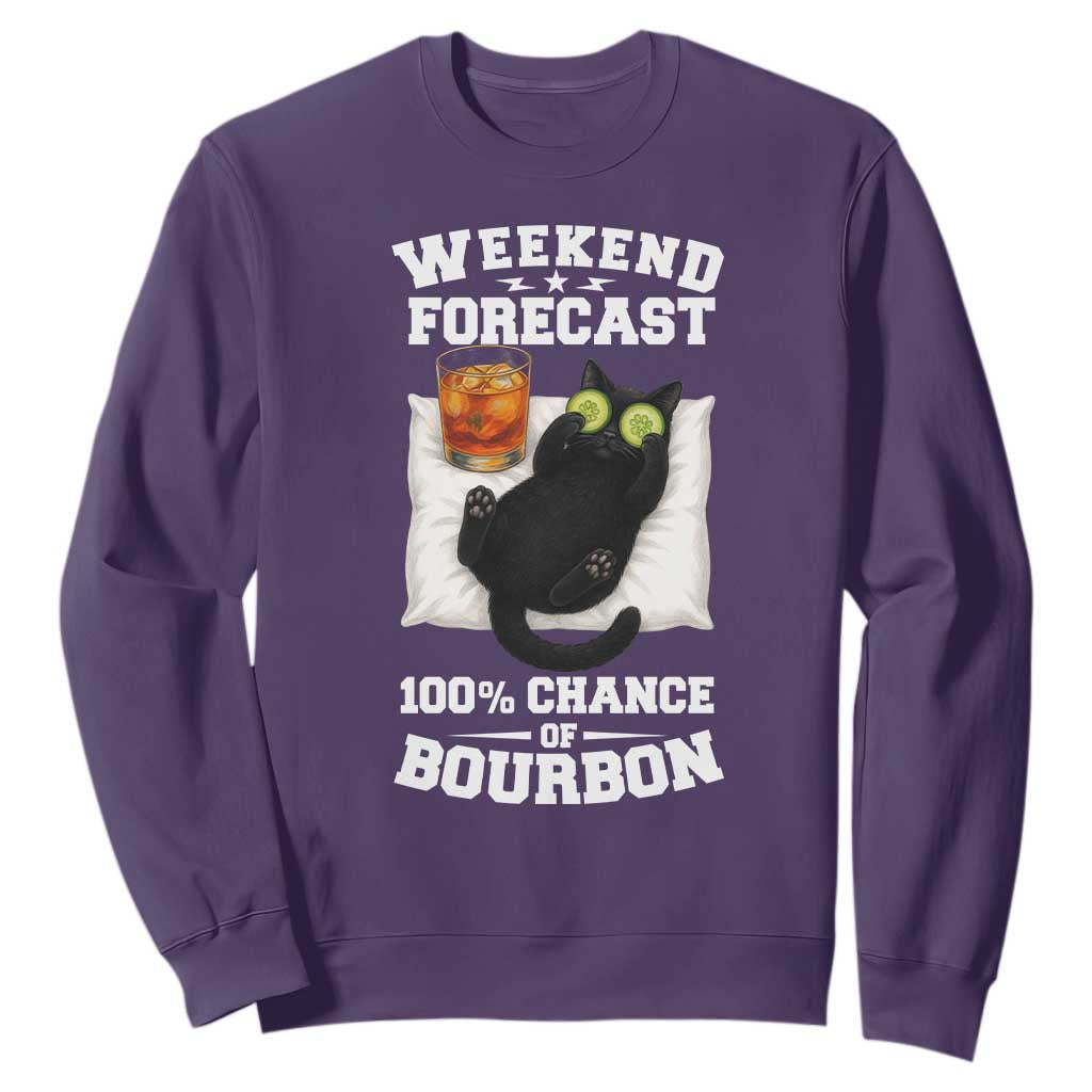 Funny Cat Drinking Sweatshirt Weekend Forecast 100% Chance Of Bourbon TS12 Purple Print Your Wear