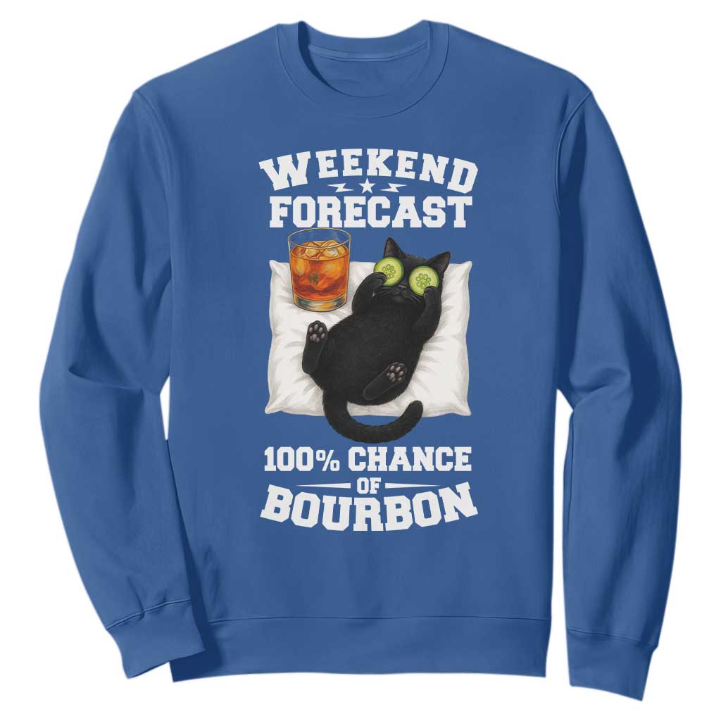 Funny Cat Drinking Sweatshirt Weekend Forecast 100% Chance Of Bourbon TS12 Royal Blue Print Your Wear