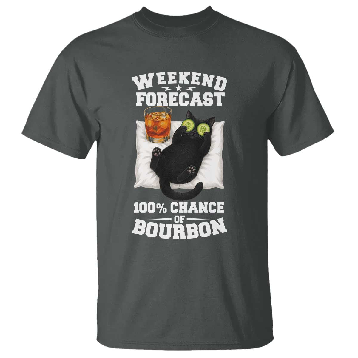 Funny Cat Drinking T Shirt Weekend Forecast 100% Chance Of Bourbon TS12 Dark Heather Print Your Wear