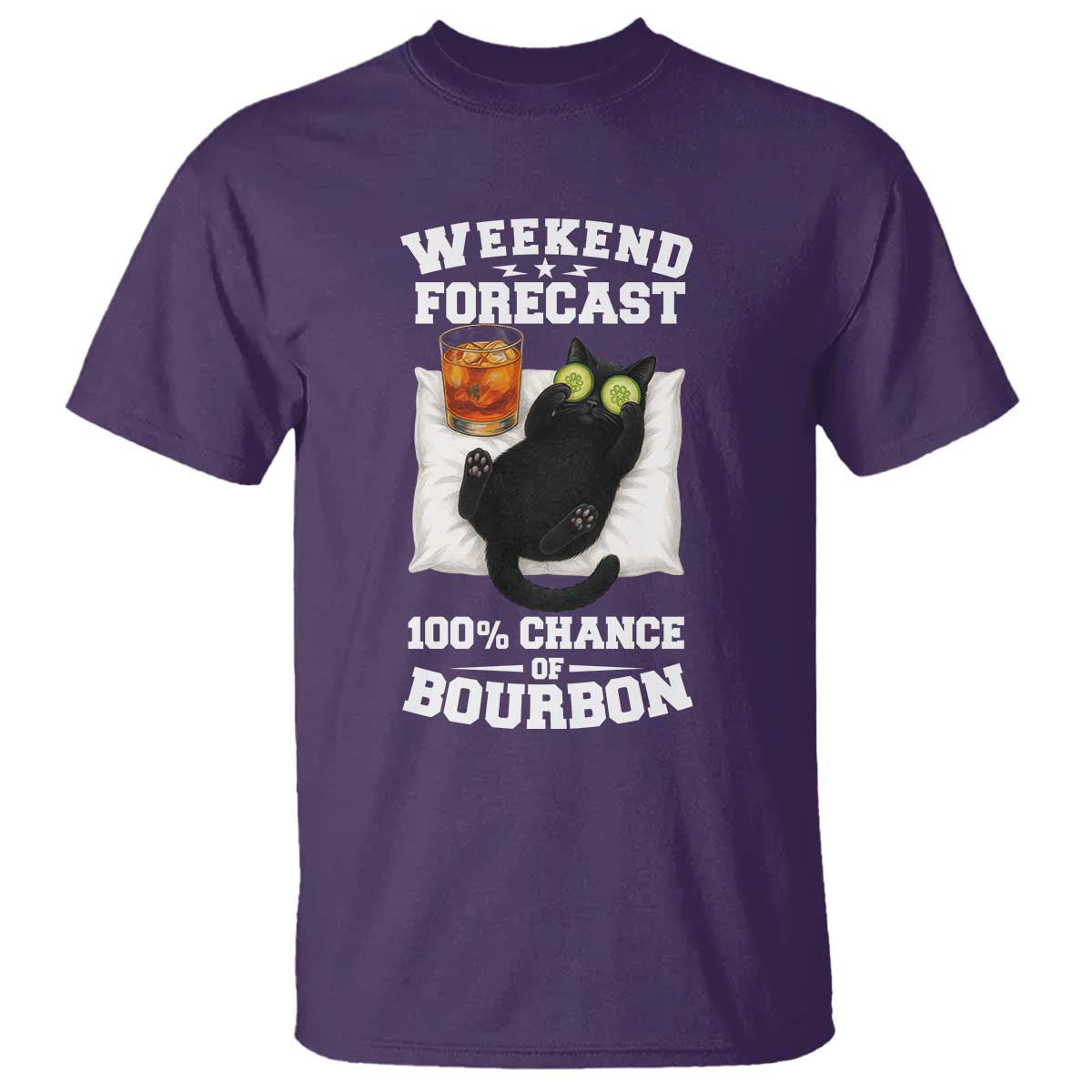 Funny Cat Drinking T Shirt Weekend Forecast 100% Chance Of Bourbon TS12 Purple Print Your Wear