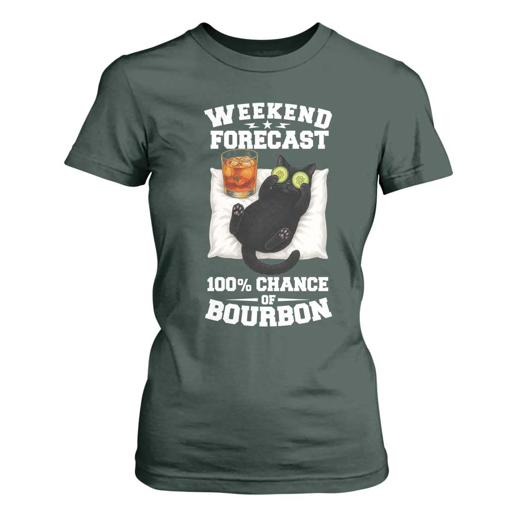Funny Cat Drinking T Shirt For Women Weekend Forecast 100% Chance Of Bourbon TS12 Dark Forest Green Print Your Wear