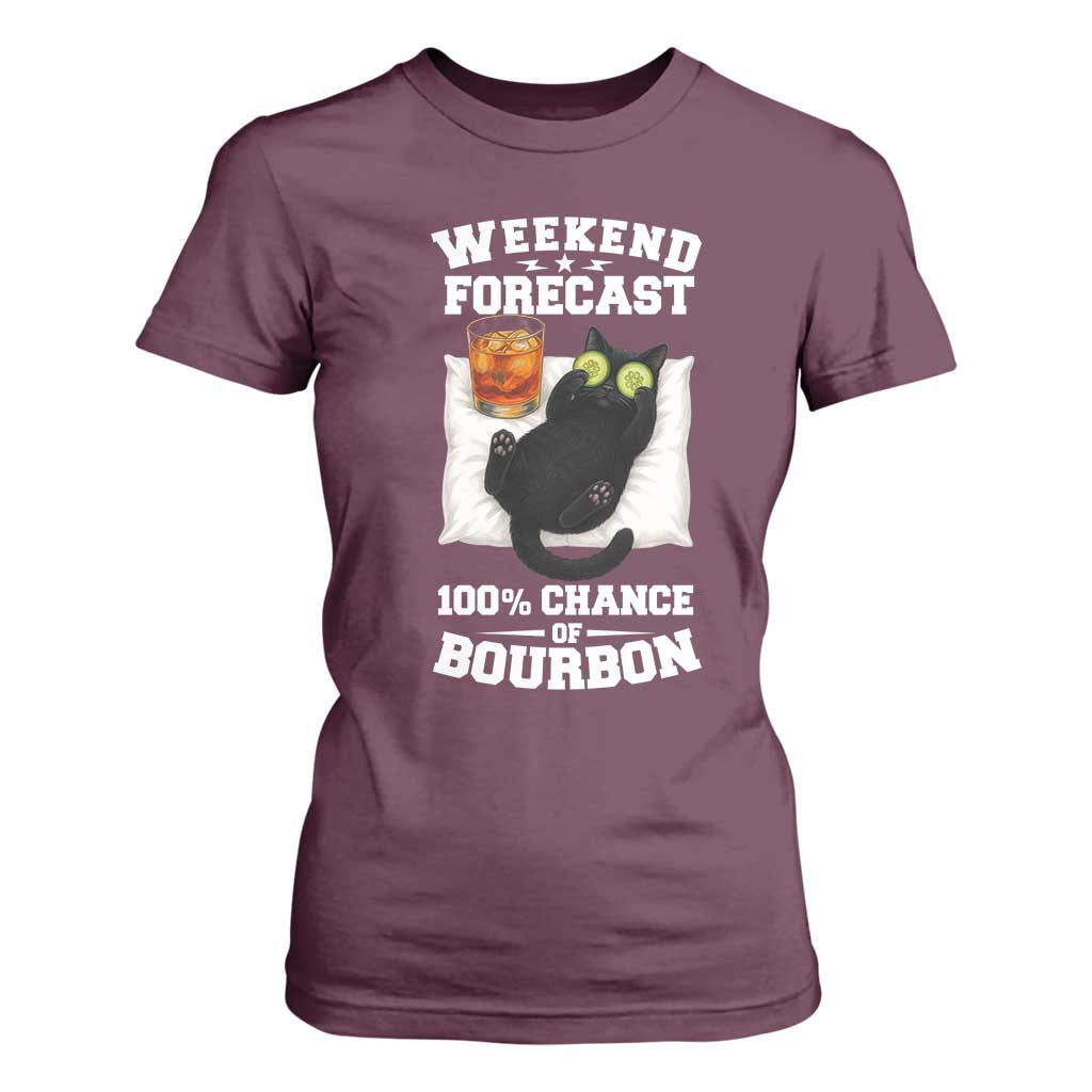 Funny Cat Drinking T Shirt For Women Weekend Forecast 100% Chance Of Bourbon TS12 Maroon Print Your Wear
