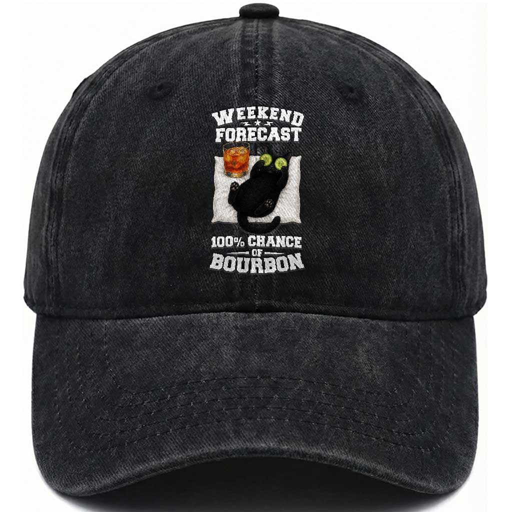 Funny Cat Drinking Washed Cotton Baseball Cap Weekend Forecast 100% Chance Of Bourbon TS12 Print Your Wear
