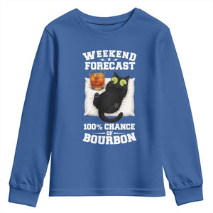 Funny Cat Drinking Youth Sweatshirt Weekend Forecast 100% Chance Of Bourbon TS12 Royal Blue Print Your Wear