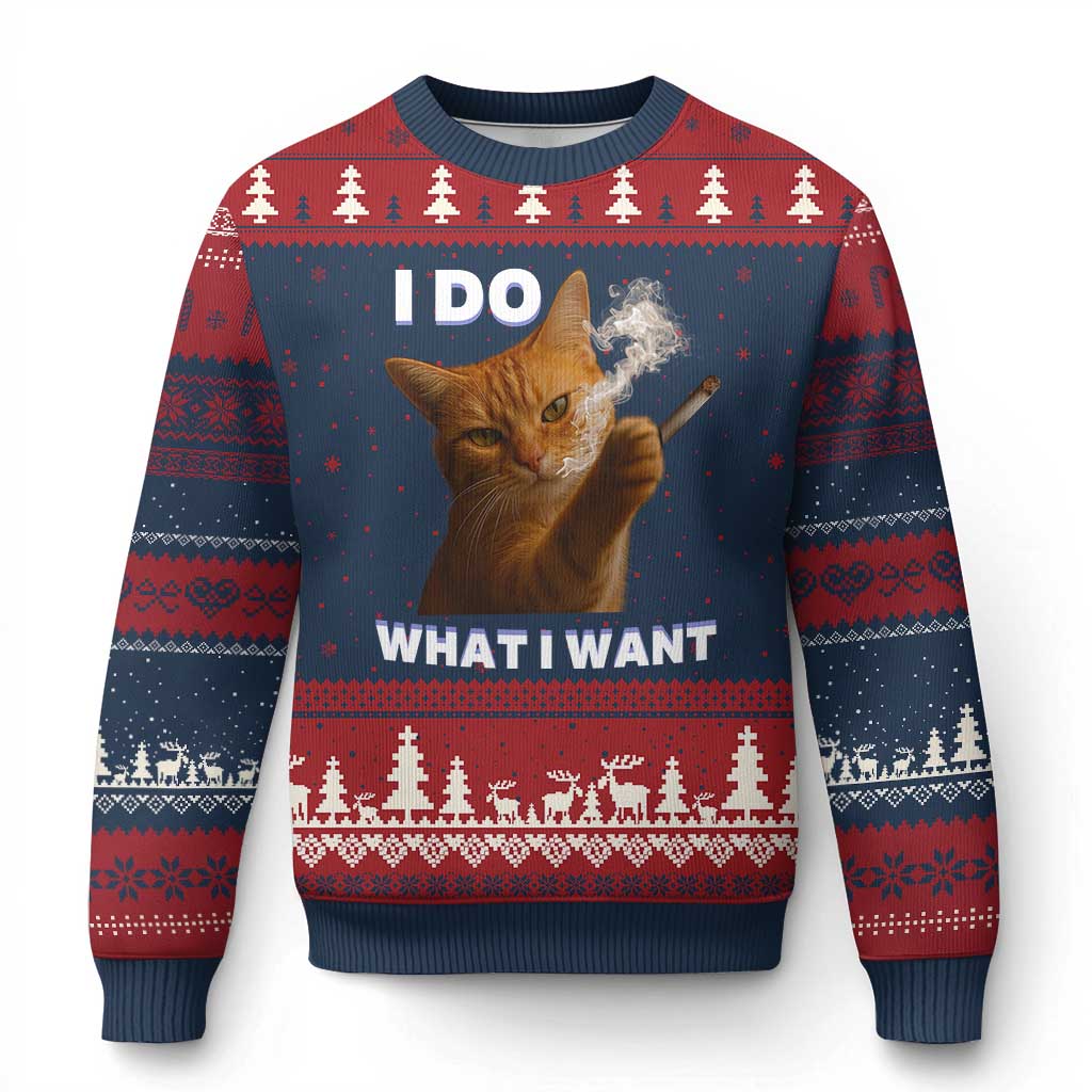 Funny Smoking Cat Ugly Christmas Sweater I Do What I Want Sarcastic Cats Meme TS12 Navy Red Print Your Wear