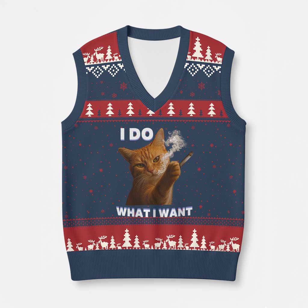 Funny Smoking Cat V-Neck Knit Sweater Vest I Do What I Want Sarcastic Cats Meme TS12 Navy Red Print Your Wear
