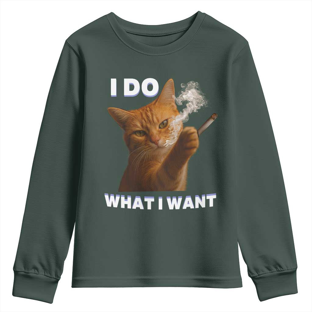 Funny Smoking Cat Youth Sweatshirt I Do What I Want Sarcastic Cats Meme TS12 Dark Forest Green Print Your Wear