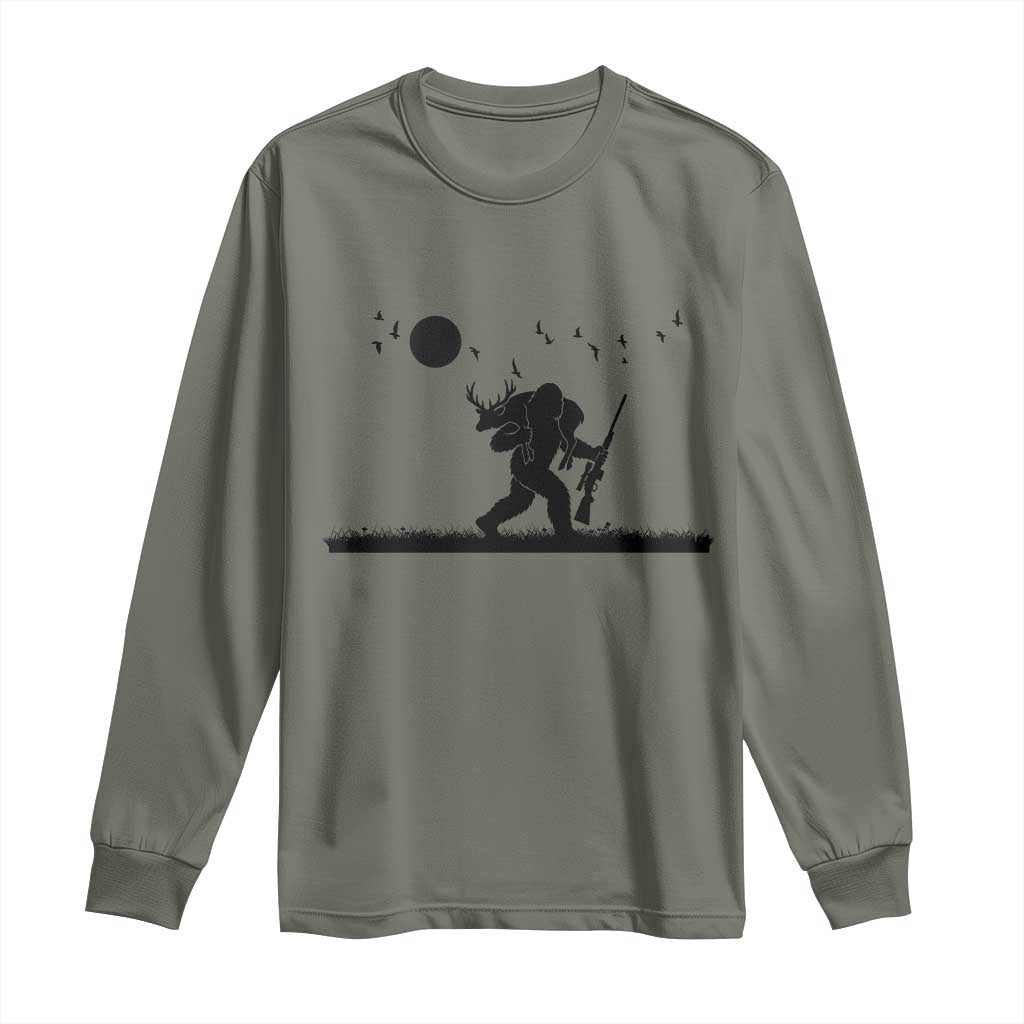 Bigfoot Hunting With Rifle Long Sleeve Shirt Funny Outdoor Hunter Gift TS12 Military Green Print Your Wear