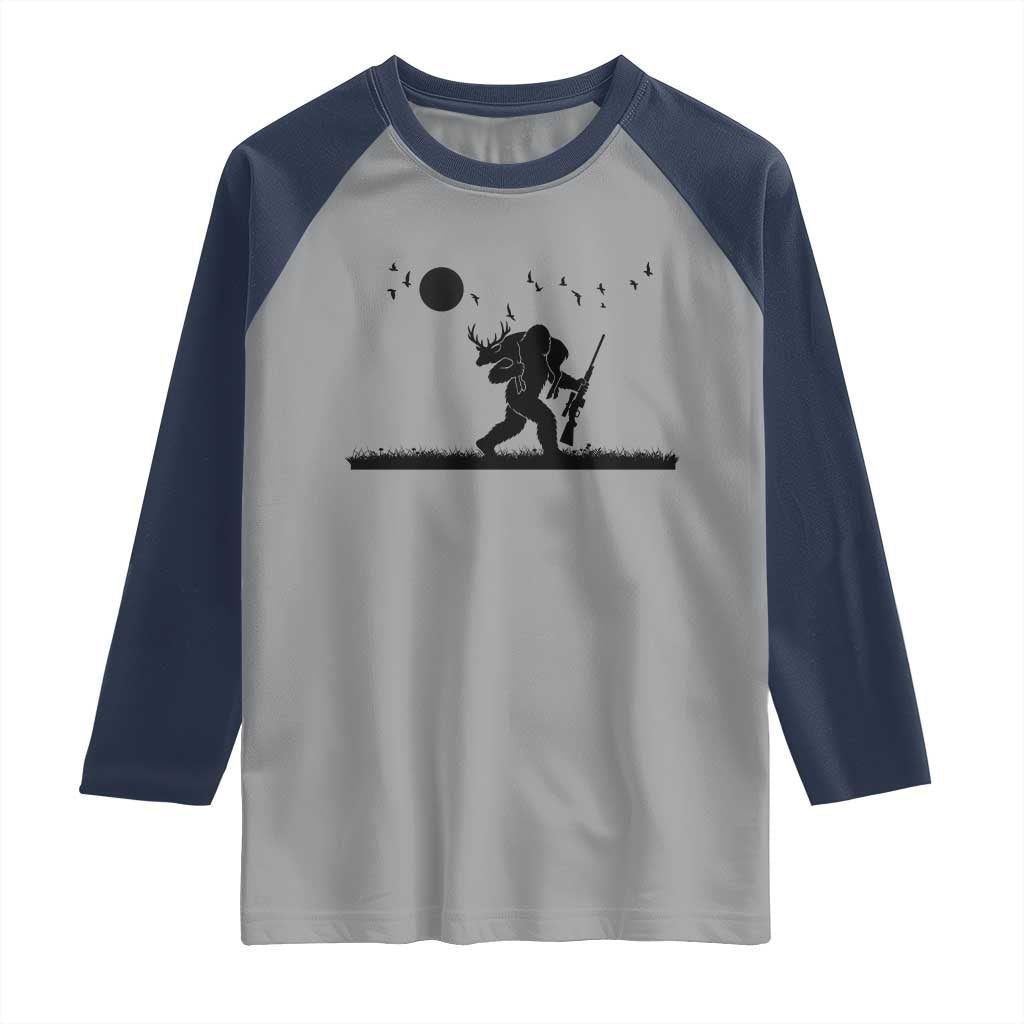 Bigfoot Hunting With Rifle Raglan Shirt Funny Outdoor Hunter Gift TS12 Sport Gray Navy Print Your Wear