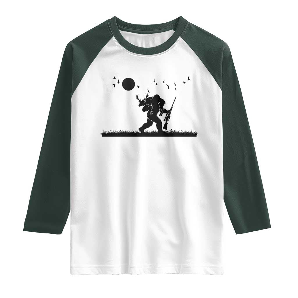 Bigfoot Hunting With Rifle Raglan Shirt Funny Outdoor Hunter Gift TS12 White Dark Forest Green Print Your Wear