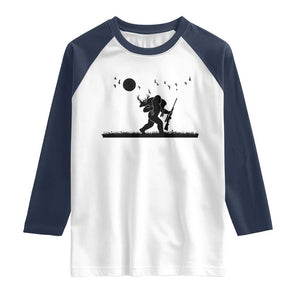 Bigfoot Hunting With Rifle Raglan Shirt Funny Outdoor Hunter Gift TS12 White Navy Print Your Wear