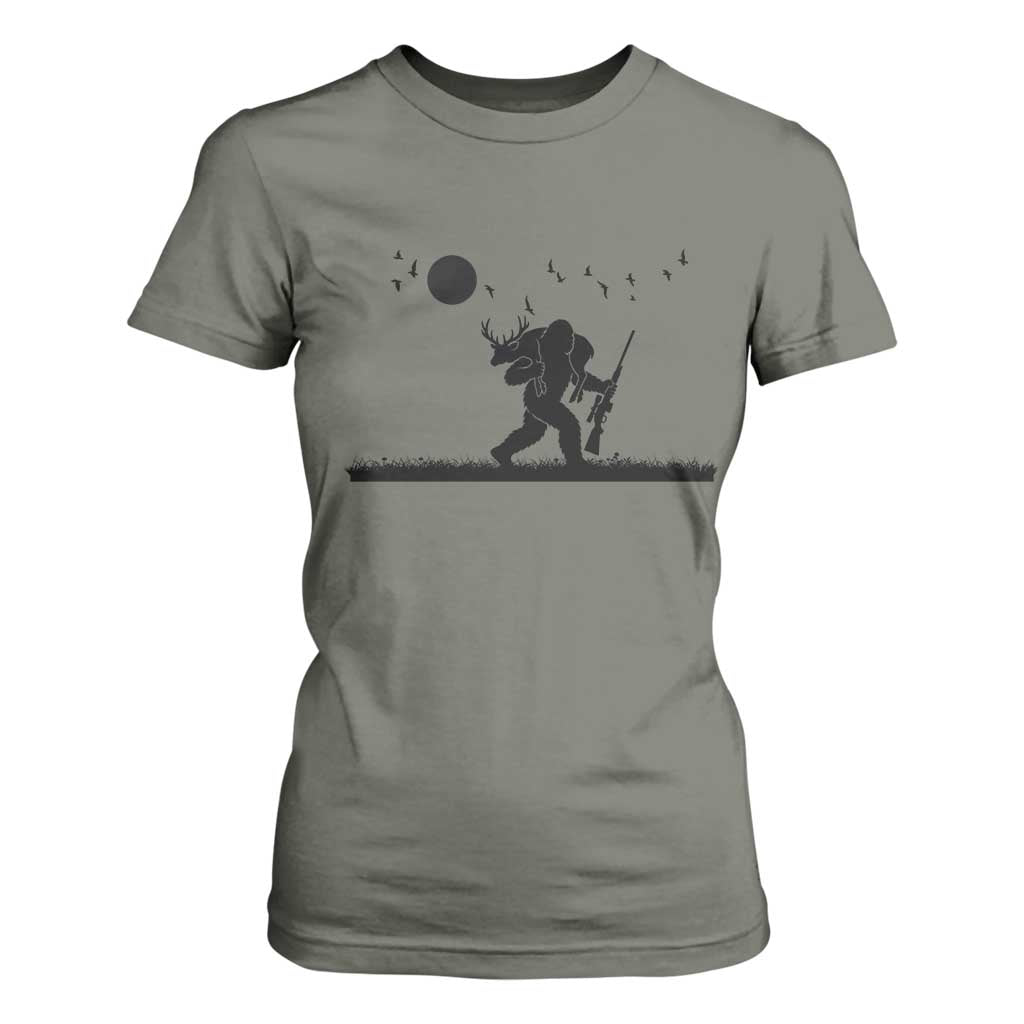 Bigfoot Hunting With Rifle T Shirt For Women Funny Outdoor Hunter Gift TS12 Military Green Print Your Wear