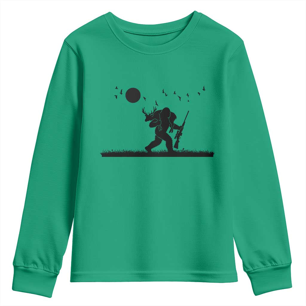 Bigfoot Hunting With Rifle Youth Sweatshirt Funny Outdoor Hunter Gift TS12 Irish Green Print Your Wear