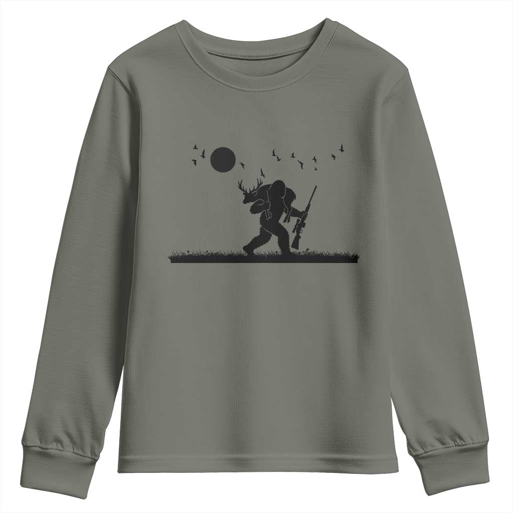 Bigfoot Hunting With Rifle Youth Sweatshirt Funny Outdoor Hunter Gift TS12 Military Green Print Your Wear