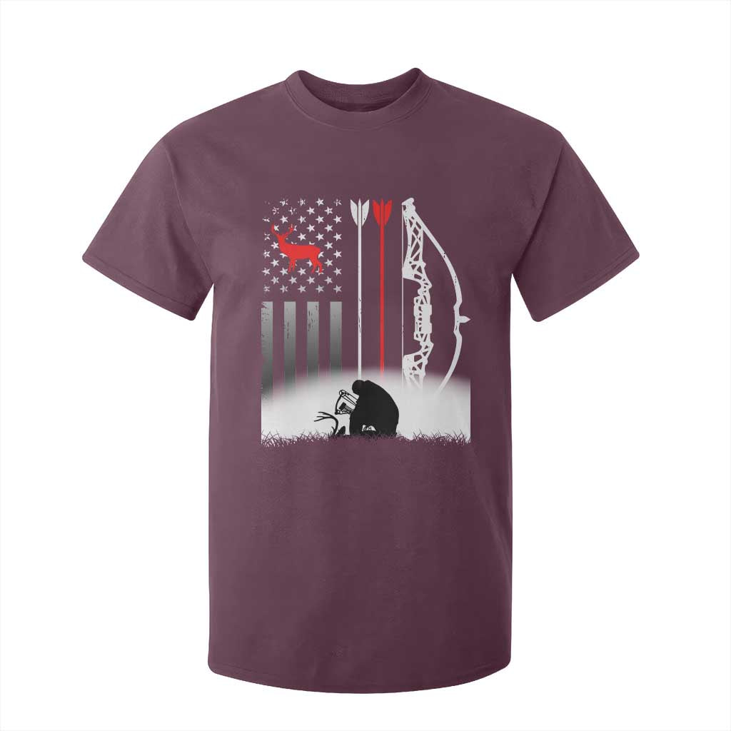 Bow Deer Hunting T Shirt For Kid American Flag Hunter Gift TS12 Maroon Print Your Wear