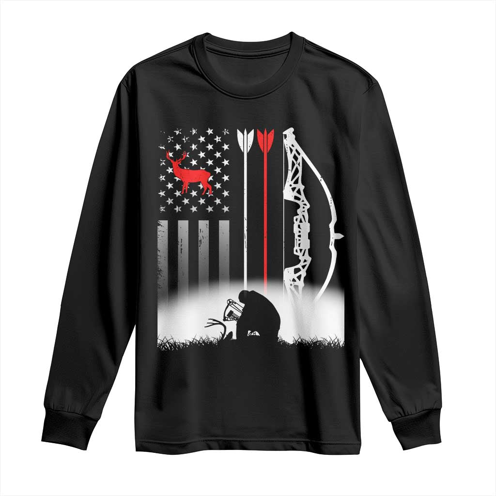 Bow Deer Hunting Long Sleeve Shirt American Flag Hunter Gift TS12 Black Print Your Wear