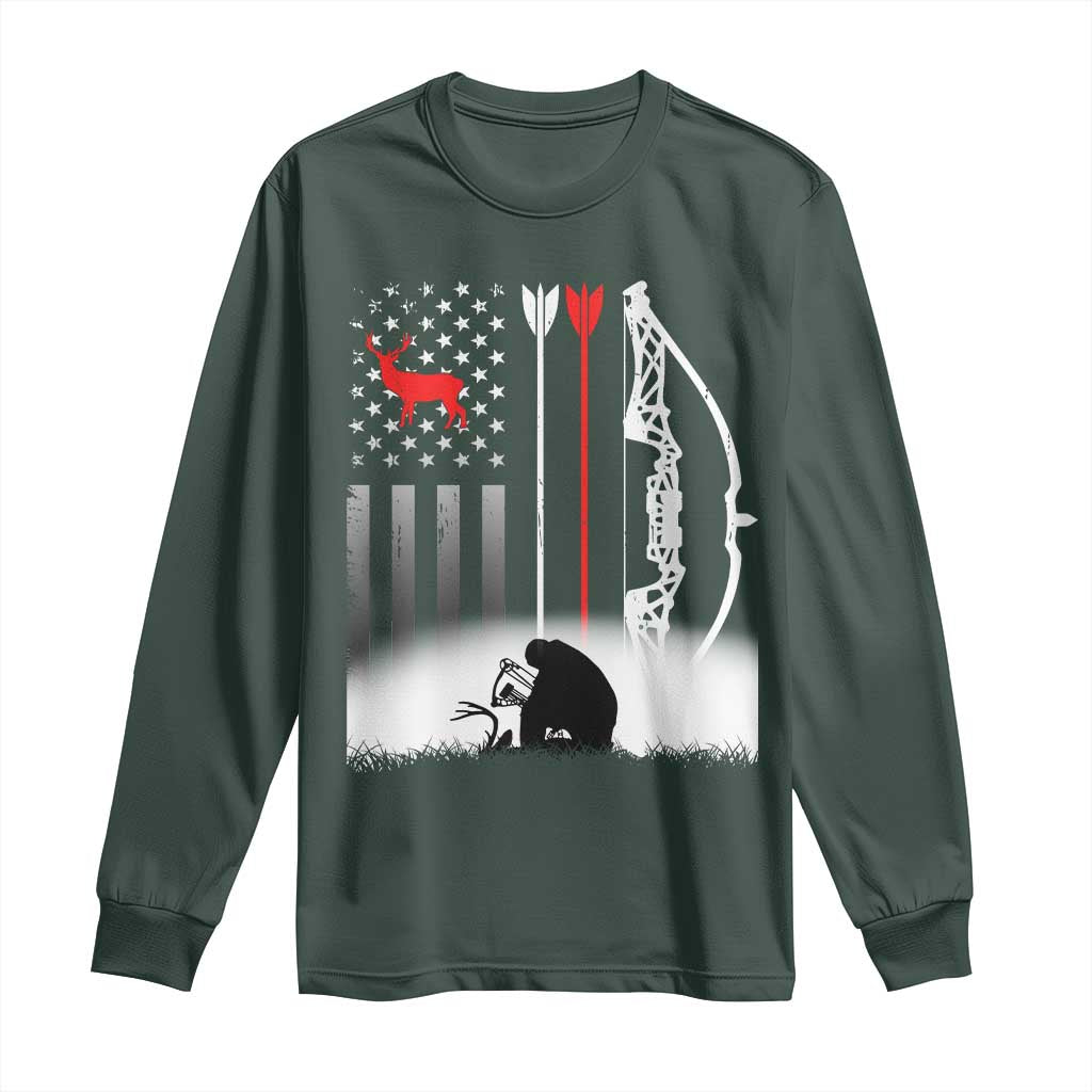 Bow Deer Hunting Long Sleeve Shirt American Flag Hunter Gift TS12 Dark Forest Green Print Your Wear