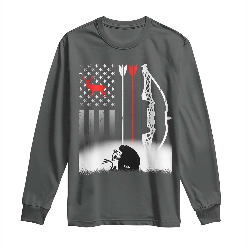 Bow Deer Hunting Long Sleeve Shirt American Flag Hunter Gift TS12 Dark Heather Print Your Wear