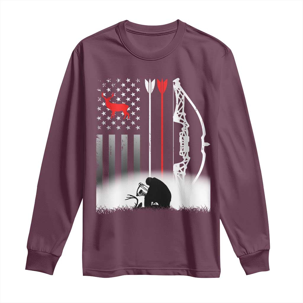Bow Deer Hunting Long Sleeve Shirt American Flag Hunter Gift TS12 Maroon Print Your Wear