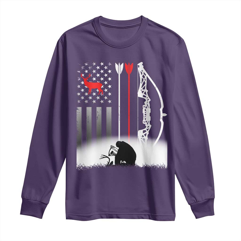 Bow Deer Hunting Long Sleeve Shirt American Flag Hunter Gift TS12 Purple Print Your Wear