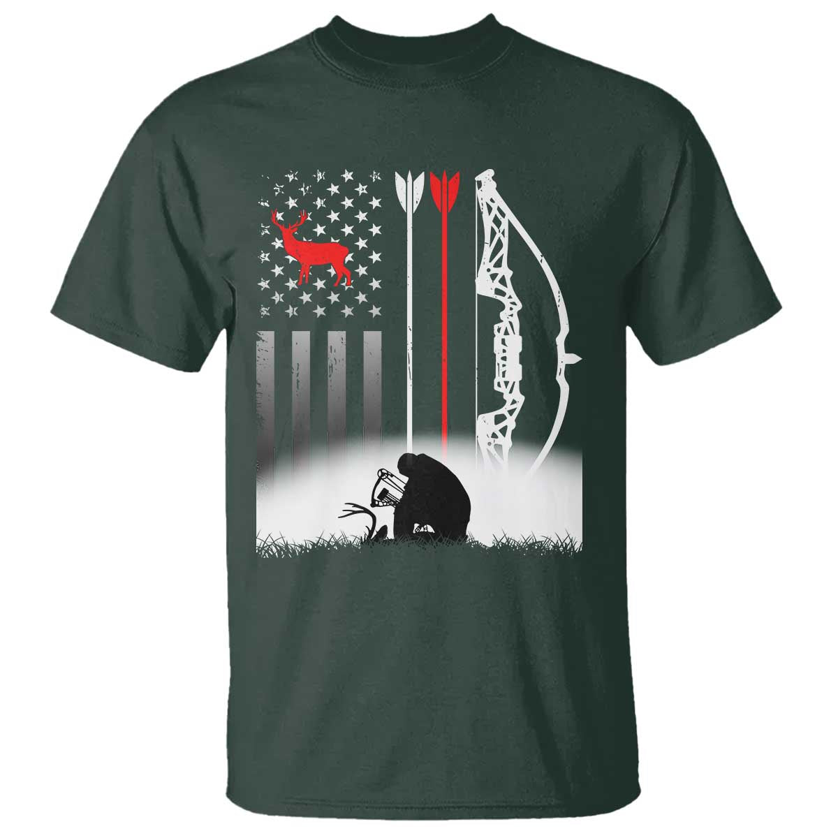 Bow Deer Hunting T Shirt American Flag Hunter Gift TS12 Dark Forest Green Print Your Wear