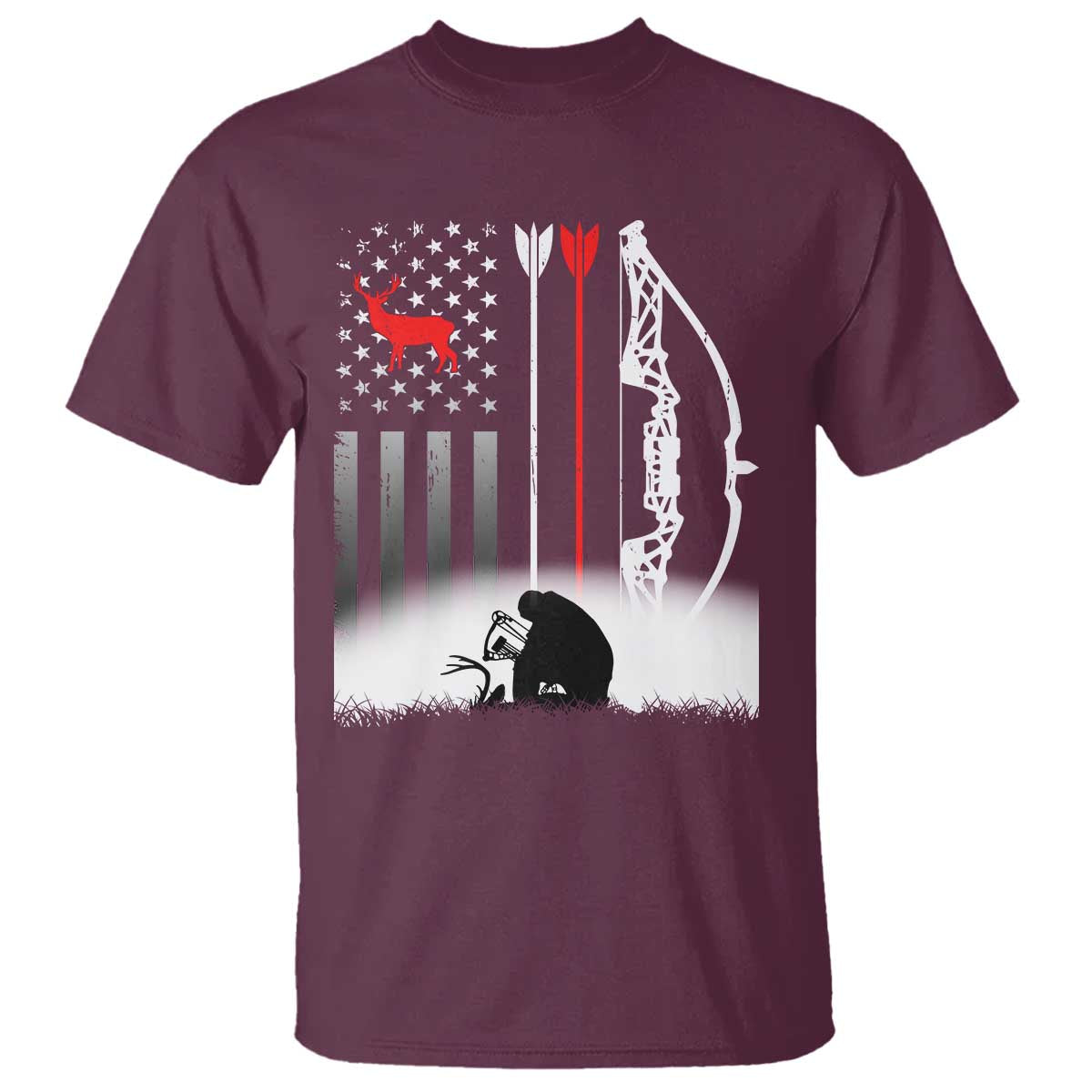 Bow Deer Hunting T Shirt American Flag Hunter Gift TS12 Maroon Print Your Wear