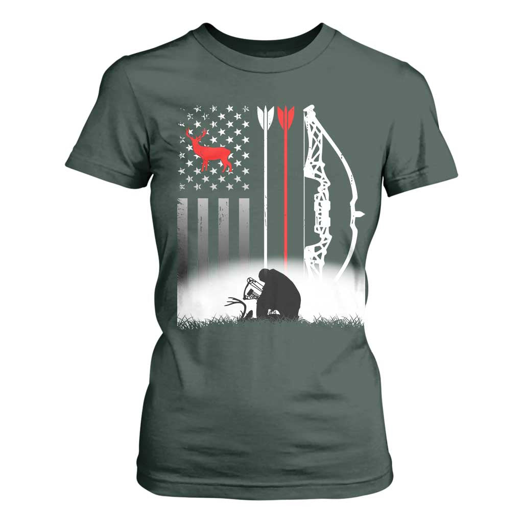 Bow Deer Hunting T Shirt For Women American Flag Hunter Gift TS12 Dark Forest Green Print Your Wear