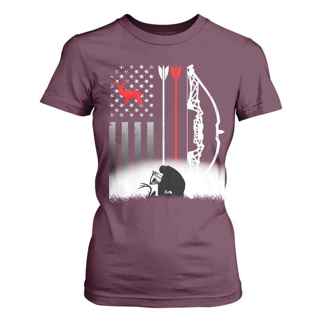 Bow Deer Hunting T Shirt For Women American Flag Hunter Gift TS12 Maroon Print Your Wear
