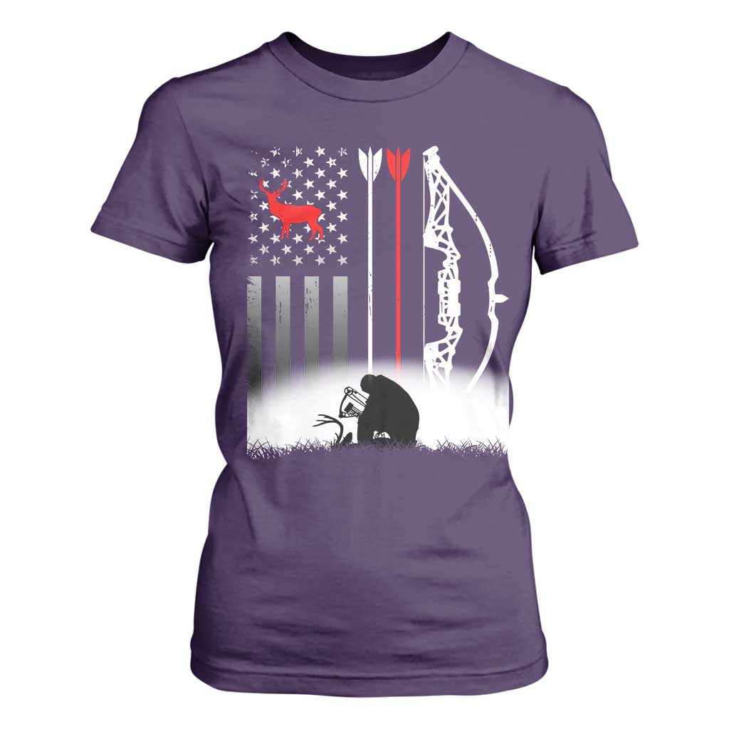 Bow Deer Hunting T Shirt For Women American Flag Hunter Gift TS12 Purple Print Your Wear