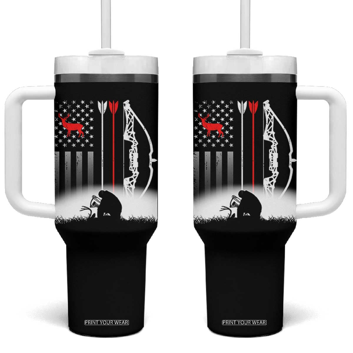 Bow Deer Hunting Tumbler With Handle American Flag Hunter Gift TS12 One Size: 40 oz Black Print Your Wear