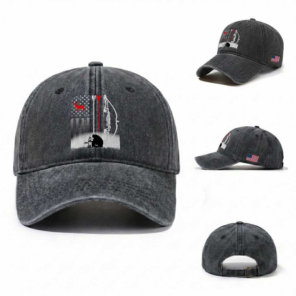 Bow Deer Hunting Washed Cotton Baseball Cap American Flag Hunter Gift TS12 Washed Cap Universal Fit Dark Gray Print Your Wear