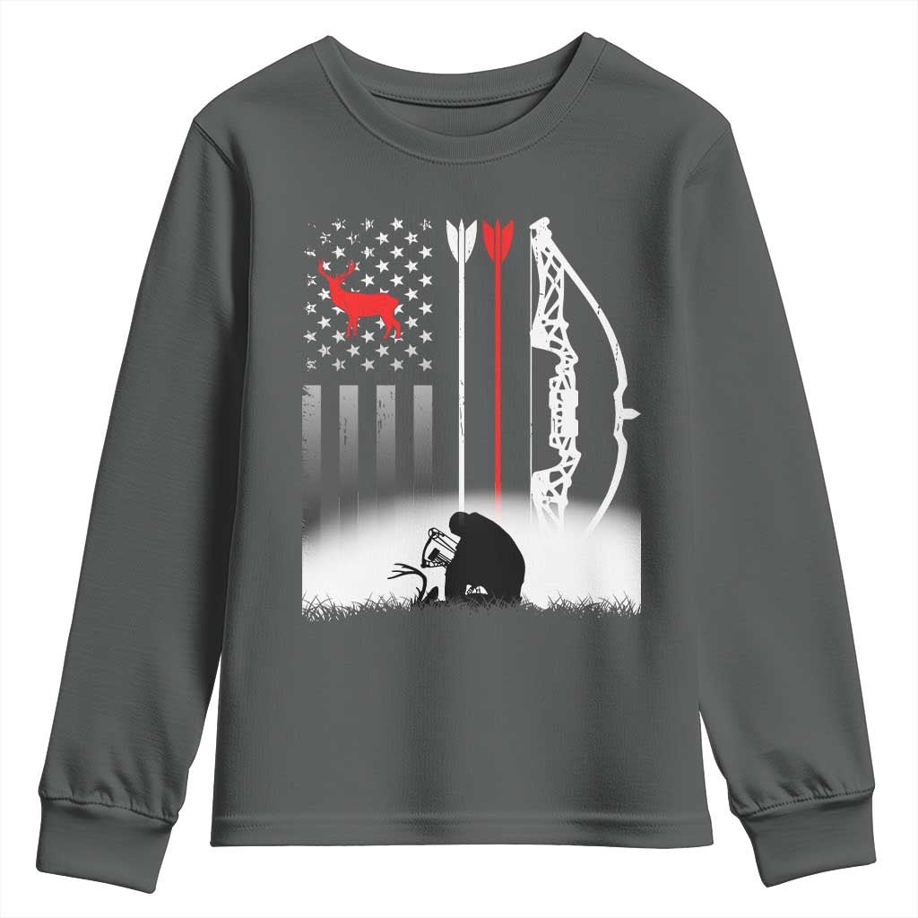 Bow Deer Hunting Youth Sweatshirt American Flag Hunter Gift TS12 Dark Heather Print Your Wear