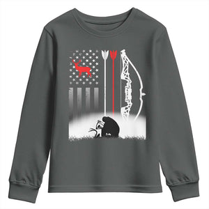Bow Deer Hunting Youth Sweatshirt American Flag Hunter Gift TS12 Dark Heather Print Your Wear