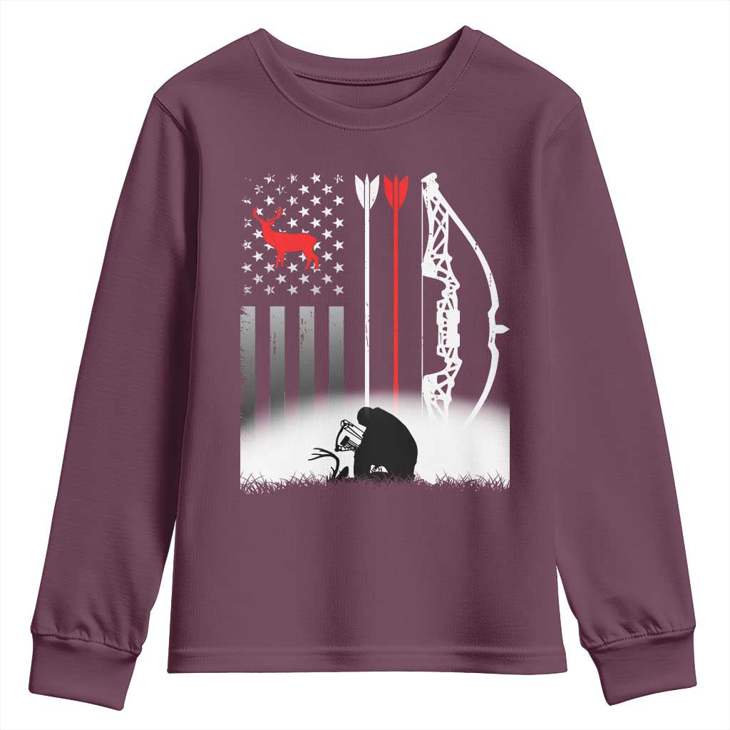 Bow Deer Hunting Youth Sweatshirt American Flag Hunter Gift TS12 Maroon Print Your Wear