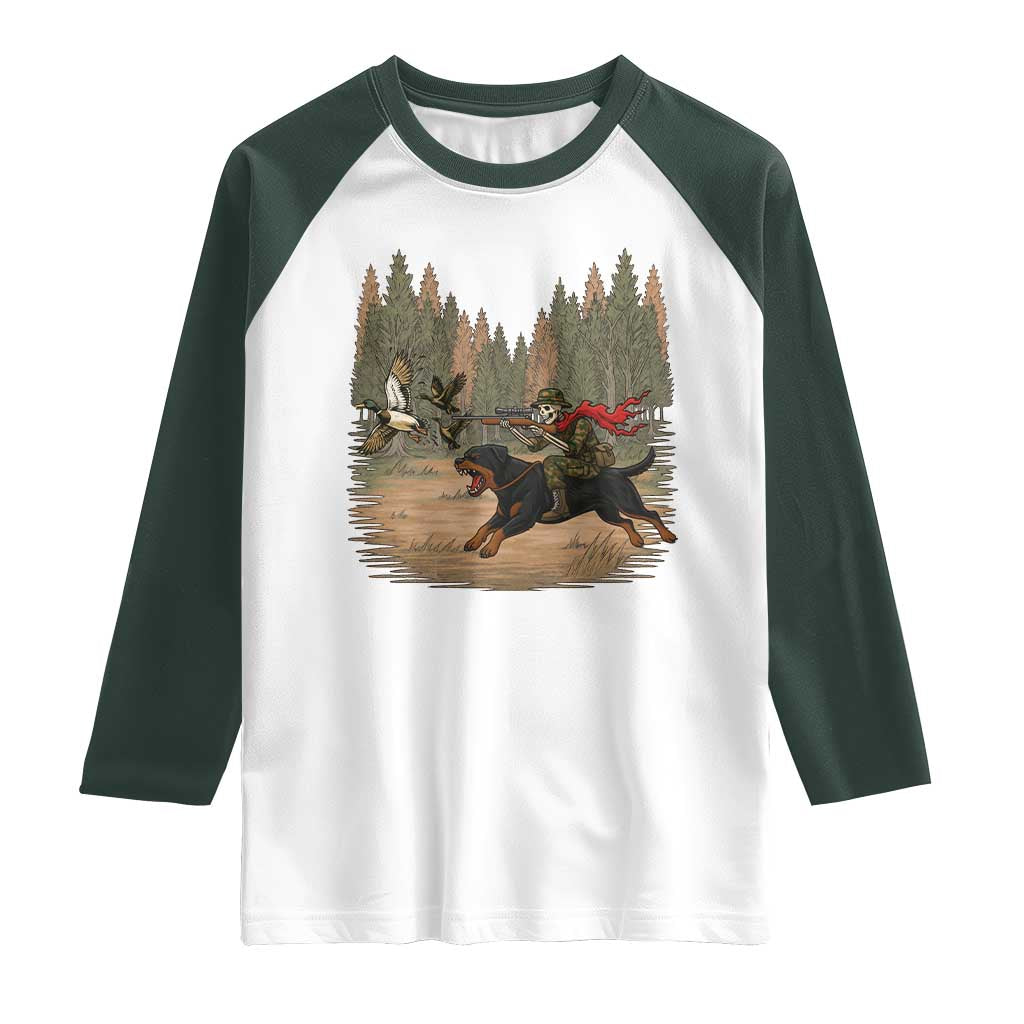 Funny Skeleton Riding Labrador Hunting Raglan Shirt Gift For Hunter TS12 White Dark Forest Green Print Your Wear