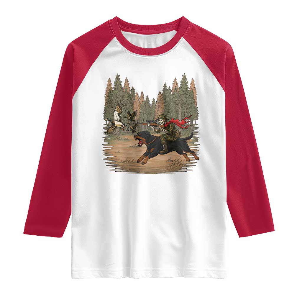 Funny Skeleton Riding Labrador Hunting Raglan Shirt Gift For Hunter TS12 White Red Print Your Wear