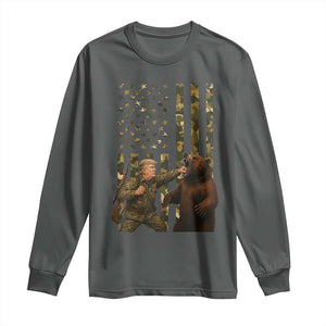 Funny Trump Vs Bear Showdown Long Sleeve Shirt American Flag Hunter Gift TS12 Dark Heather Print Your Wear